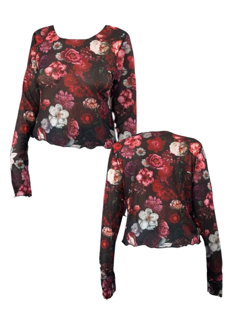 Current Mood Floral Sheer Scoop Neck Top in Black, Red & Pink